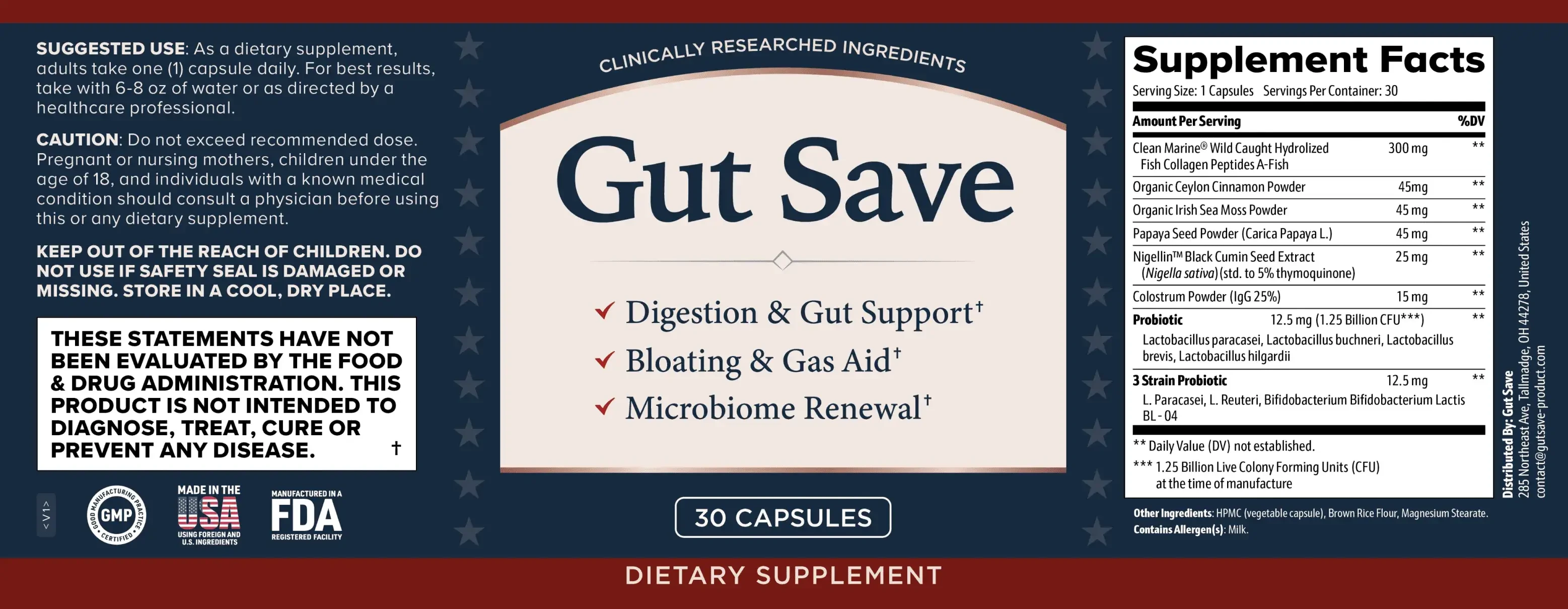 Gut Save Supplement Facts label showing all ingredient doses